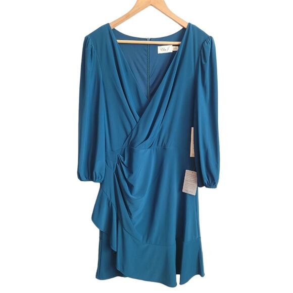 Eliza j Faux Wrap Ruffle Drapey Mini Dress NWT - Picture 2 of 16